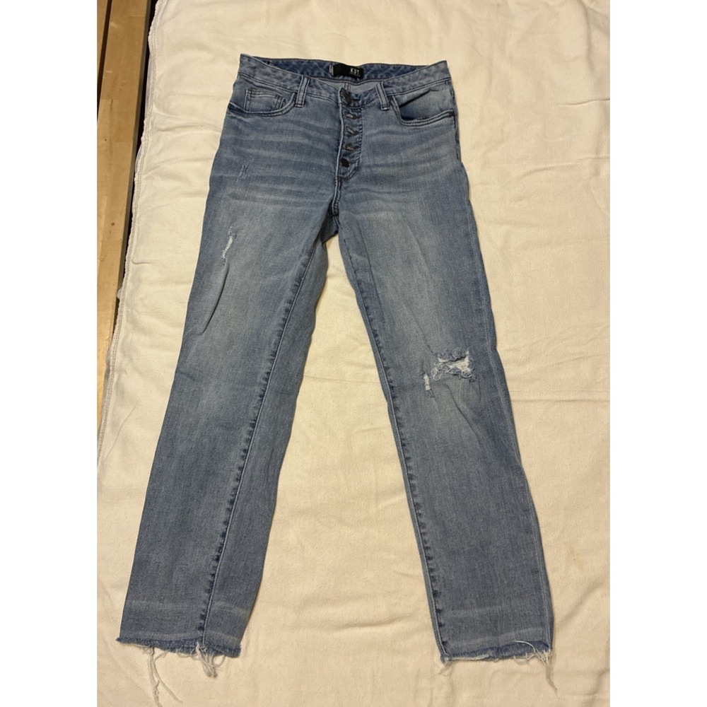 Kut from the Kloth Women Jeans Reese 4 Mid-rise Straight-leg Med Blue Distressed